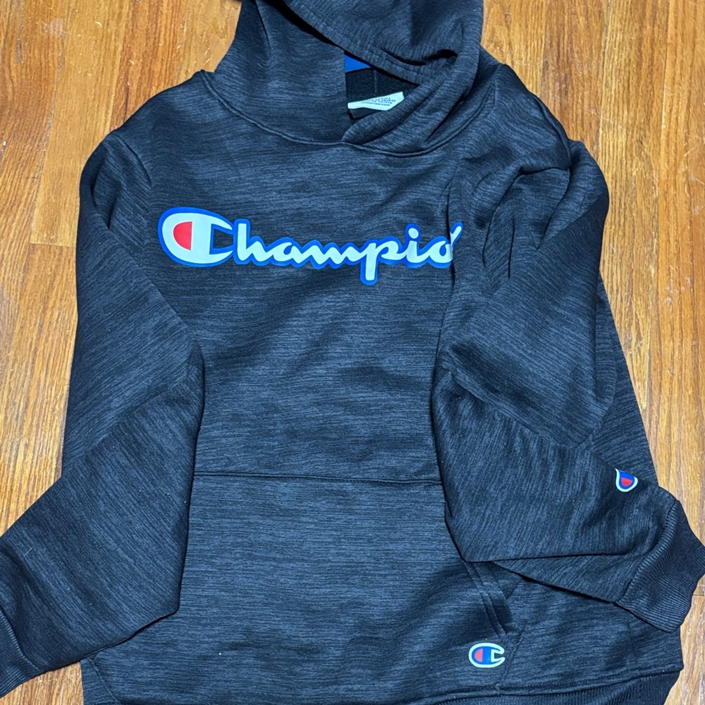Champion Black Heather Hoodie with Blue & White Script Logo
